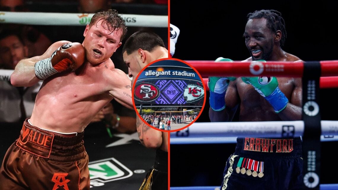 Split image of Canelo Alvarez and Terrence Crawford. Inset, Allegiant Stadium.