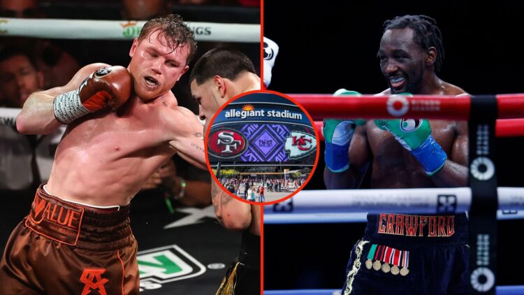 Split image of Canelo Alvarez and Terrence Crawford. Inset, Allegiant Stadium.