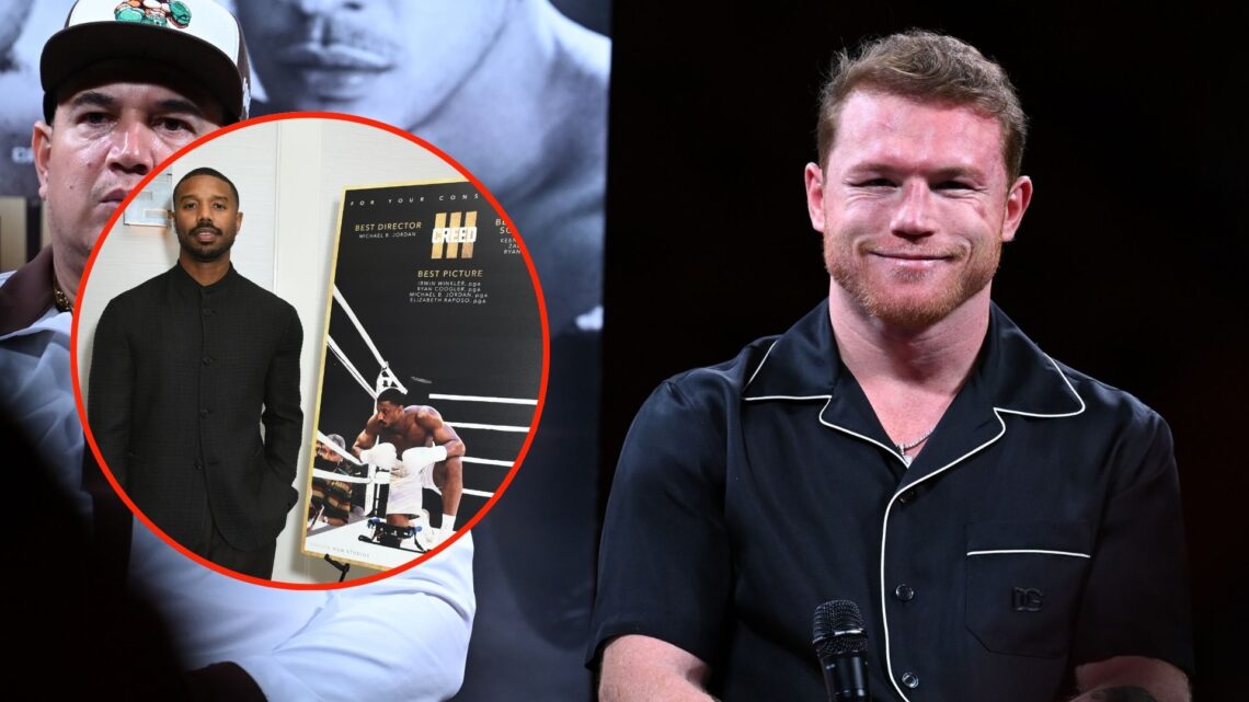Canelo Alvarez speaks at a conference. Inset, Michael B Jordan promoting Creed III.