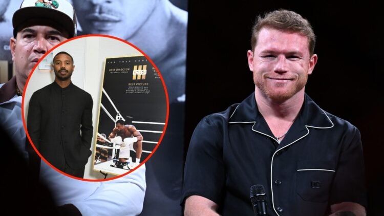 Canelo Alvarez speaks at a conference. Inset, Michael B Jordan promoting Creed III.