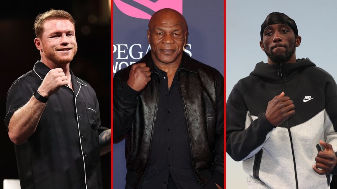 Split image of Canelo Alvarez (left), Mike Tyson (centre), and Terence Crawford (right)