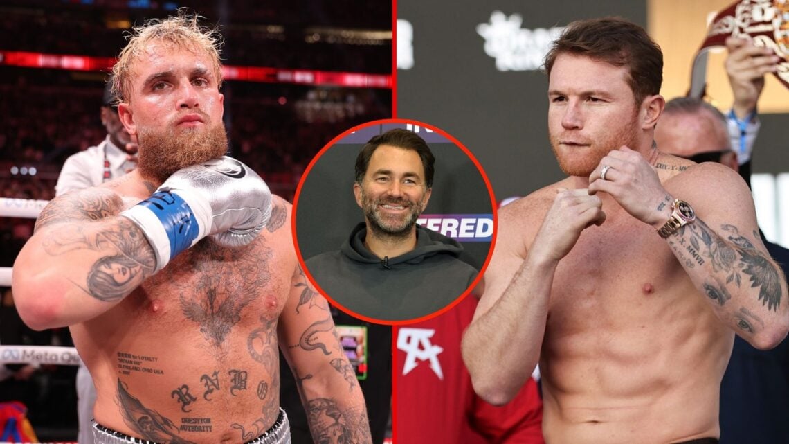 Jake Paul and Canelo Alvarez. Inset, Eddie Hearn.
