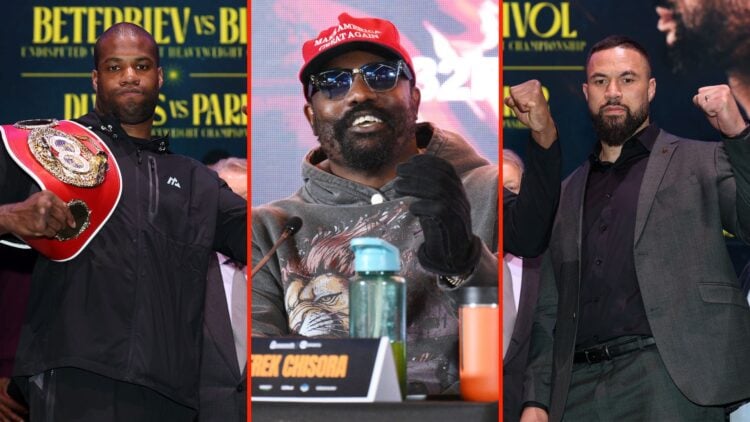 Split image of Daniel Dubois (left), Derek Chisora (middle), and Joseph Parker (right)