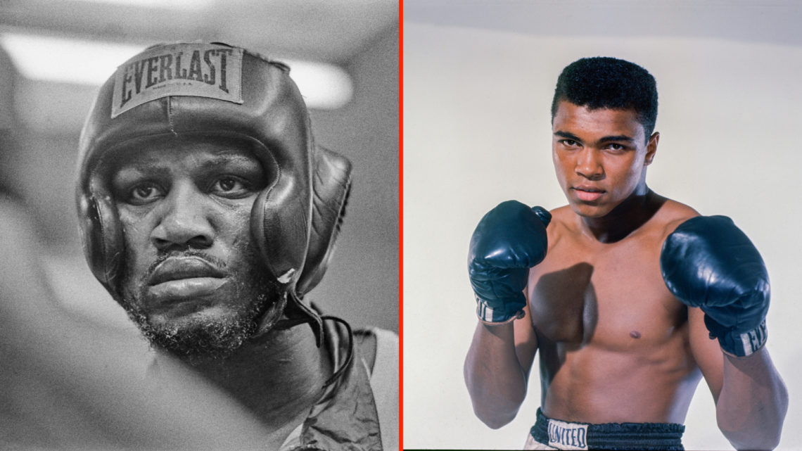 Split image of Joe Frazier and Muhammad Ali