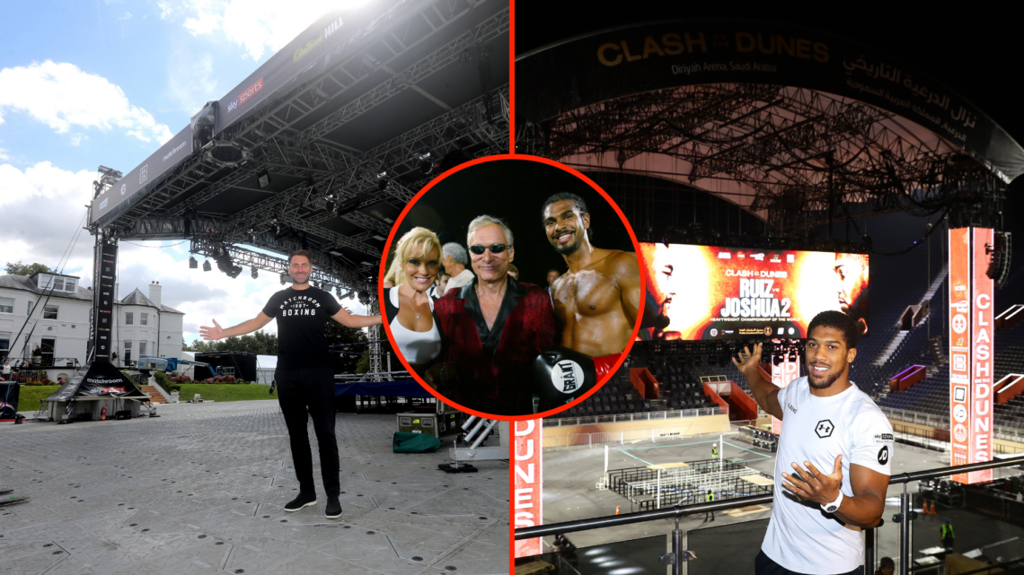 Split image of Eddie Hearn outside Mathroom HQ and Anthony Joshua at Diriyah Arena with insert of David Haye and Hugh Hefner
