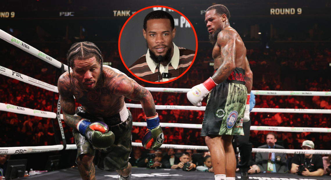 Lamont Roach Jr. reacts as Gervonta Davis stumbles, inset Roach at the fight week pre-fight press conference.