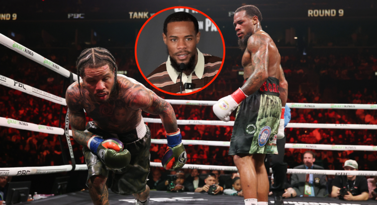 Lamont Roach Jr. reacts as Gervonta Davis stumbles, inset Roach at the fight week pre-fight press conference.