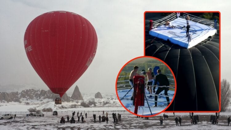 A view of a hot air balloon inflated for visual purposes although hot air balloon tours cannot be made due to adverse weather conditions in Cappado...