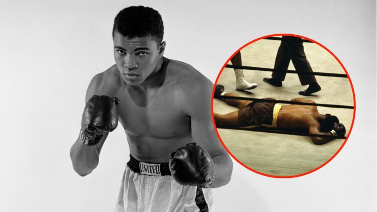 Image of Muhammad Ali (Cassius Clay) with inset of Folley down and out at Clay's feet.