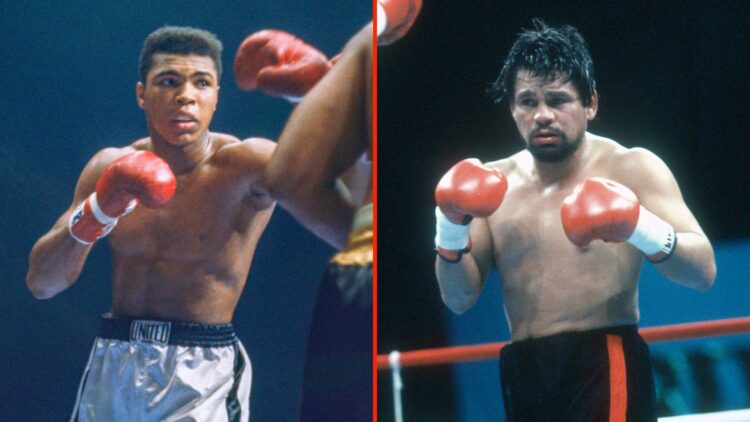 Split image of Cassius Clay (L) and Archie Moore during the fight at the Sports Arena, and Roberto Duran fights Ricky Stackhouse in a 10 round midd...