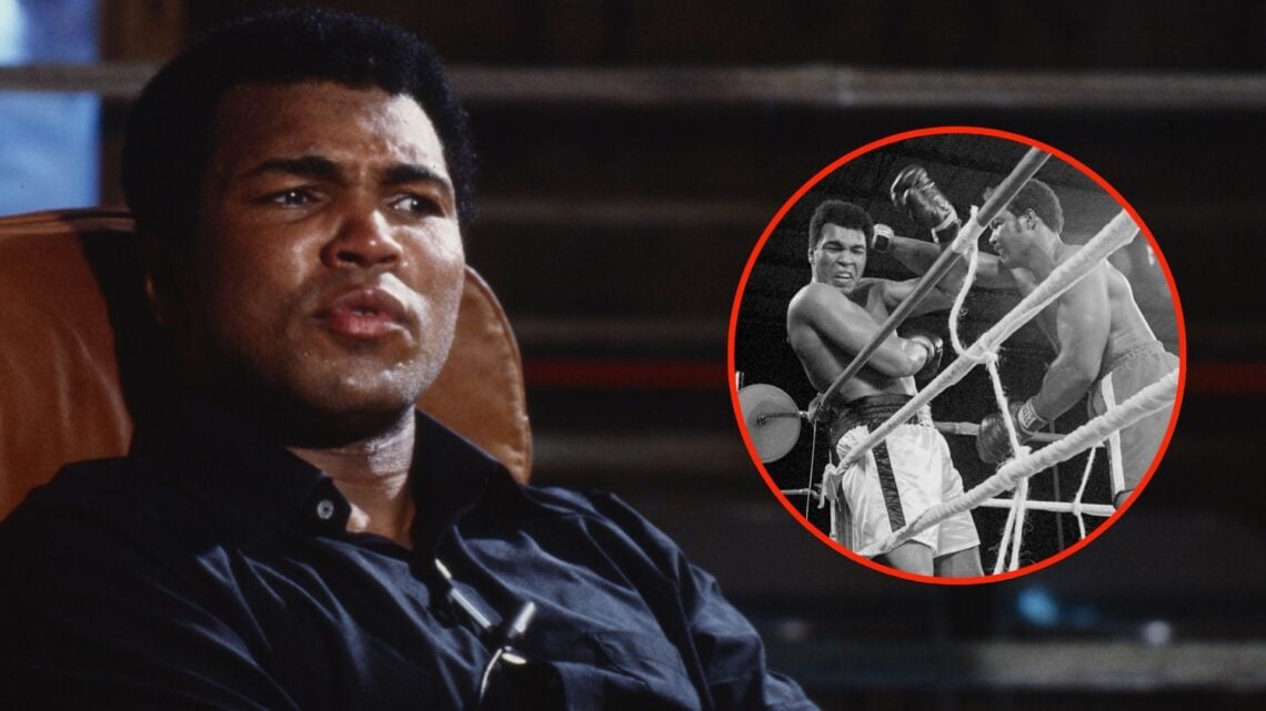 Muhammad Ali being interviewed on ABC's 'Good Morning America'. Inset, Heavyweight champion George Foreman (r) and Muhammad Ali (l) exchange punche...