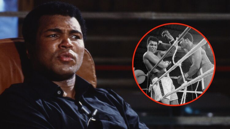 Muhammad Ali being interviewed on ABC's 'Good Morning America'. Inset, Heavyweight champion George Foreman (r) and Muhammad Ali (l) exchange punche...
