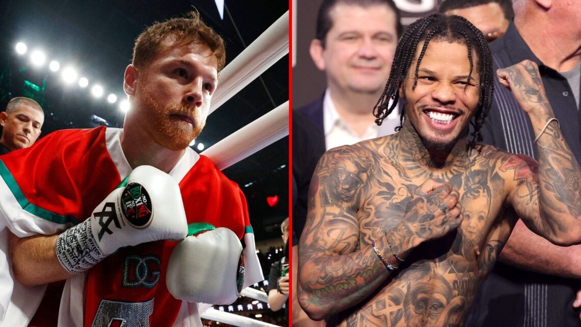Split image as Reigning Super Middleweight Champion Canelo Alvarez enters the ring prior to defending his title, and WBA lightweight champion Gervo...