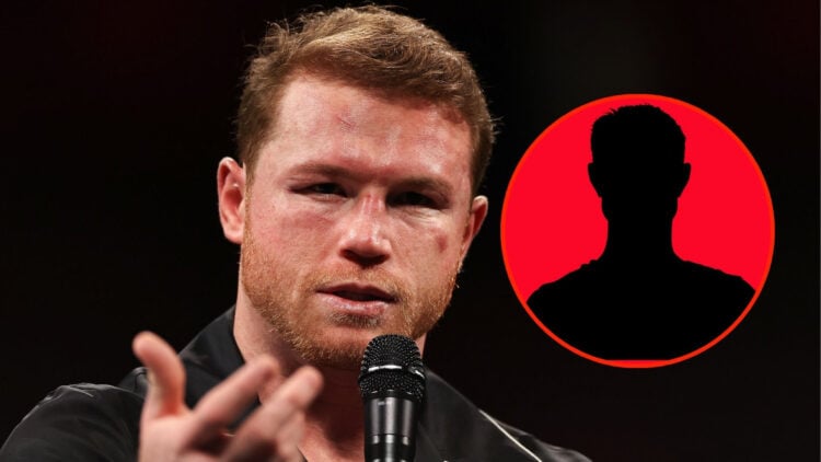 Image of Canelo Alvarez speaks during a press conference after defeating Edgar Berlanga with inset of silhouette