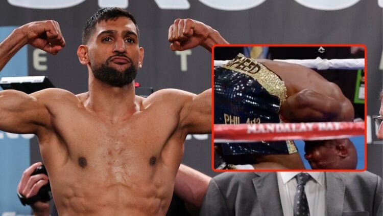 Amir Khan stands on the scales during the official weigh-in at Manchester Central Convention Complex. Inset, Khan folds Zab Judah.