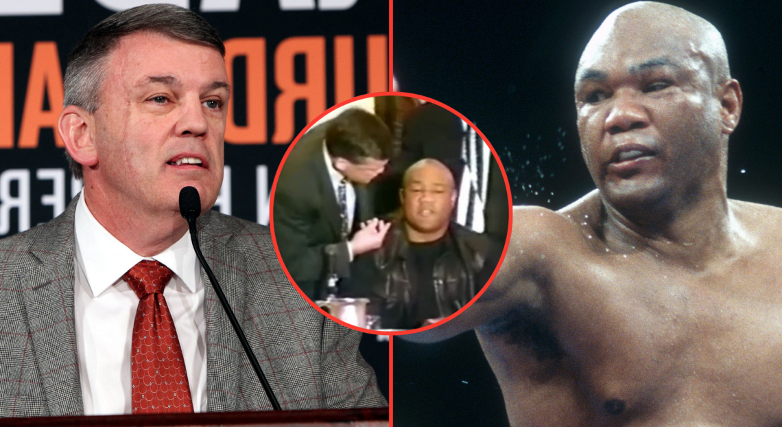 Teddy Atlas speaks to the media ahead of Timothy Bradley vs. Manny Pacquiao, opposite George Foreman throwing a punch against Michael Moorer, inset...