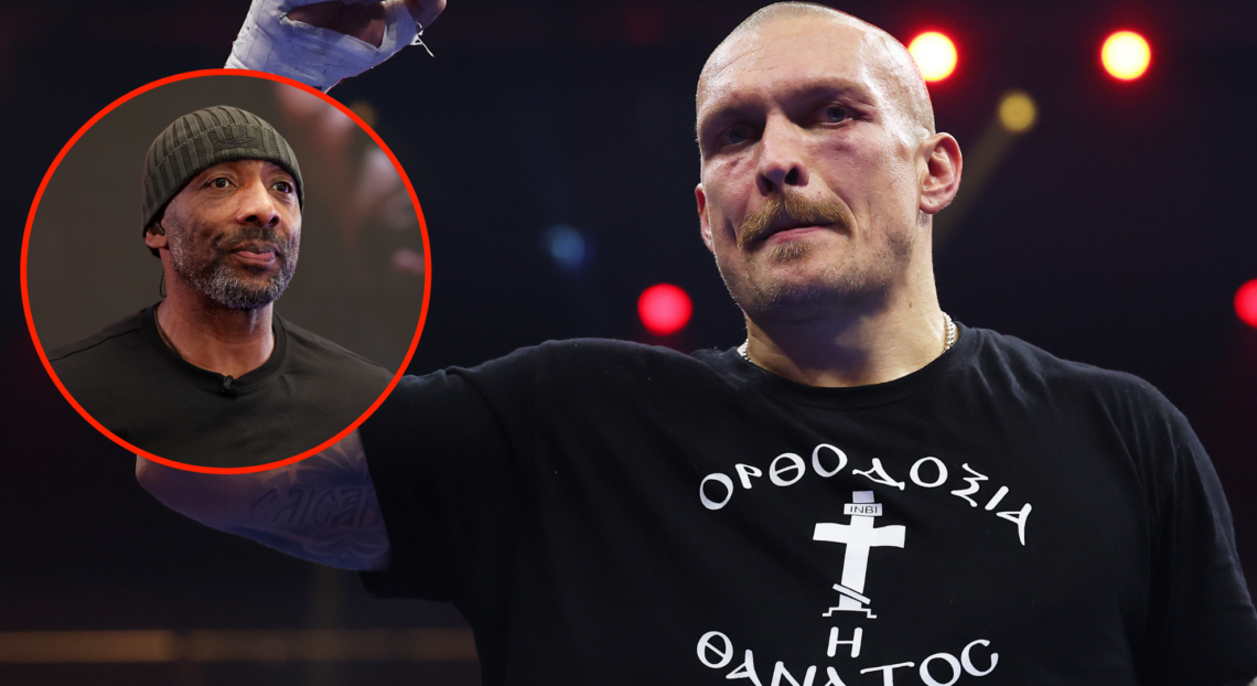 Oleksandr Usyk celebrates after defeating Tyson Fury in their rematch, inset Johnny Nelson looks on during a press conference.
