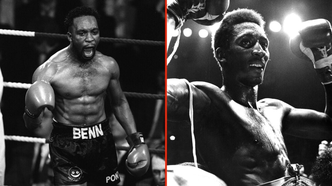Split image of Nigel Benn and Thomas Hearns in their fighting days