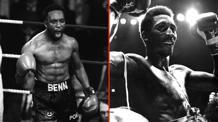 Split image of Nigel Benn and Thomas Hearns in their fighting days