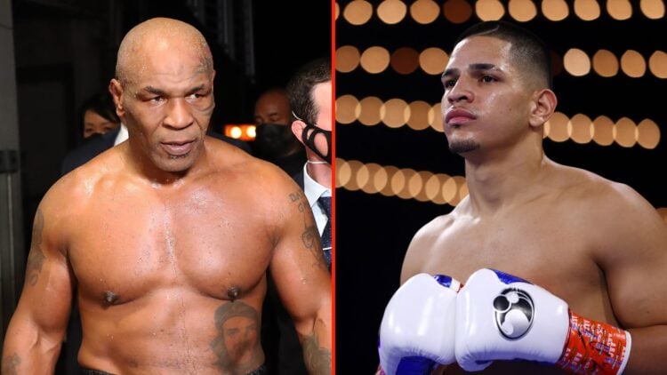Edgar Berlanga during his NABO super middleweight championship fight against Alexis Angulo, and Mike Tyson exits the ring after receiving a split d...