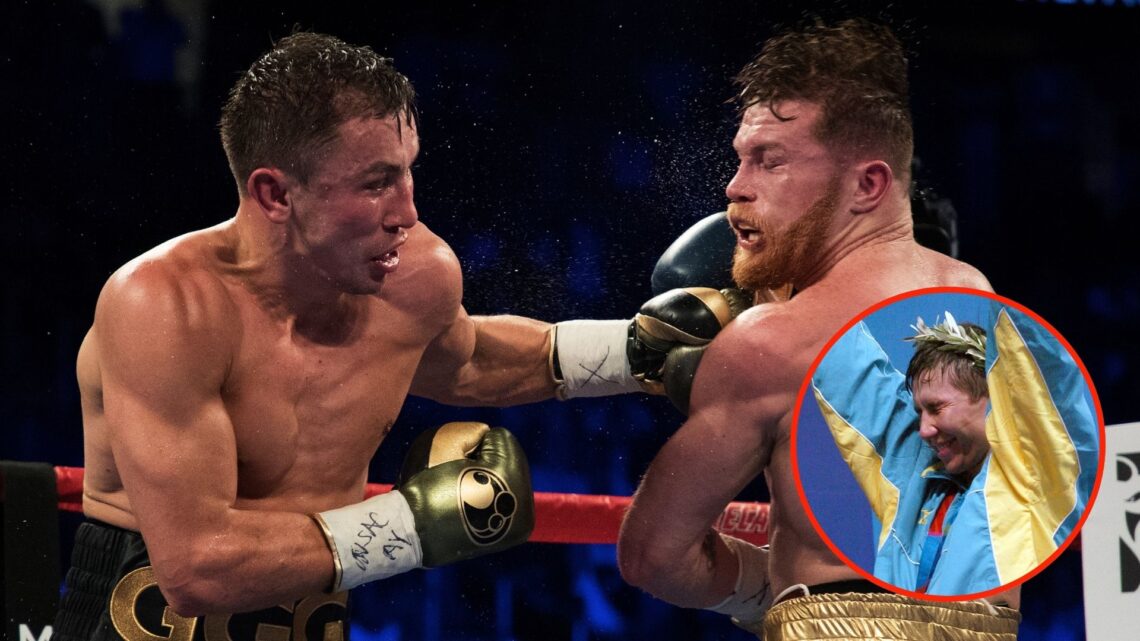 Gennady Golovkin punches Canelo Alvarez during their WBC, WBA and IBF middleweight championship bout. Inset, Genadiy Golovkin of Kazakhstan celebra...