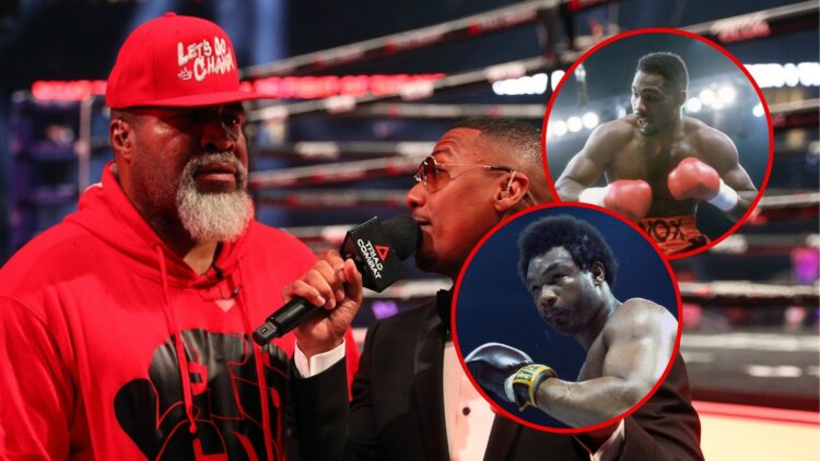 Image of Shannon Briggs with insets of George Foreman and Lennox Lewis