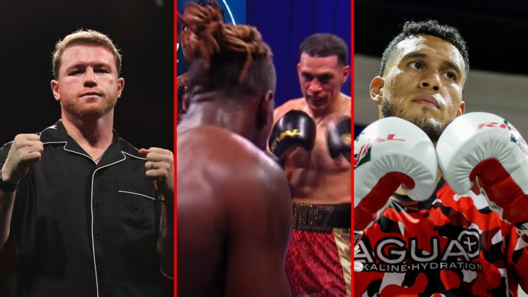 Three way split of Canelo Alvarez poses during a press conference after defeating Edgar Berlanga at T-Mobile Arena on September 14, 2024 in Las Veg...
