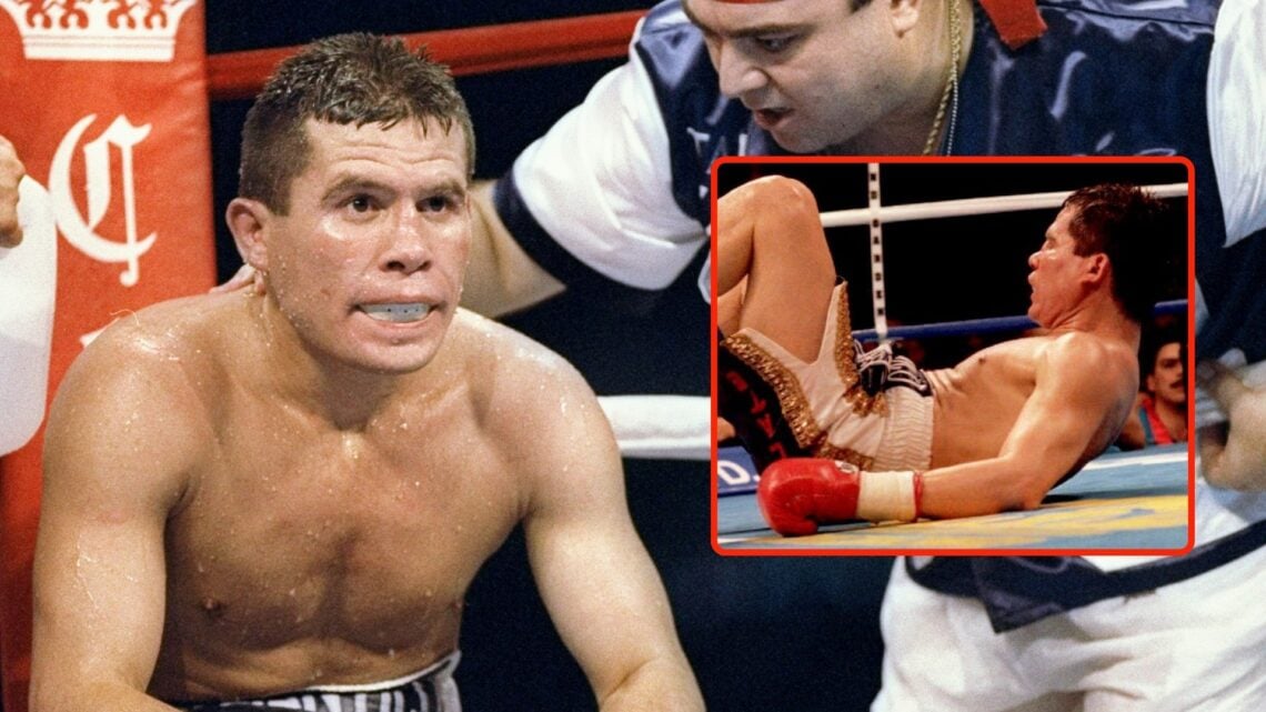 Julio Caesar Chavez sits in his corner during a fight against Pernell Whitaker. Inset, Julio Cesar Chavez of Mexico hits the canvas after being kno...