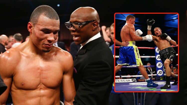 Father Chris Eubank talks with Chris Eubank Junior after he lost on a points decison in his fight with Billy Joe Saunders. Inset, Billy Joe Saunder...