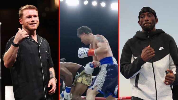 Terence Crawford at Public Workouts ahead of his fight, and Canelo Alvarez. Inset, a screenshot from a fight.