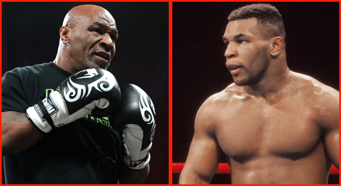 Split image of Mike Tyson at an open workout ahead of fighting Jake Paul, opposite a young Tyson.