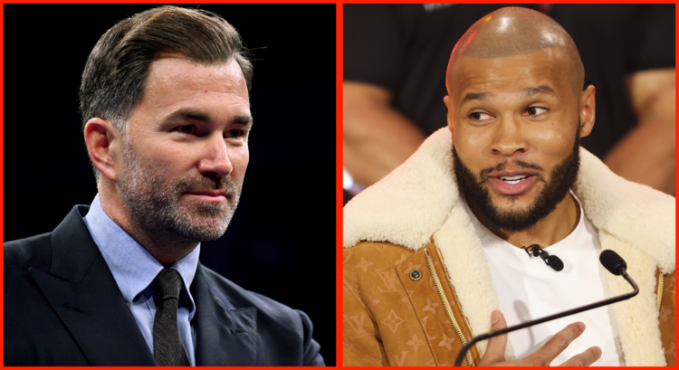 Split image of Eddie Hearn at SSE Arena, opposite Chris Eubank Jr. speaking to the media at a press conference.