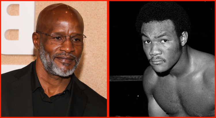 Split image of Michael Moorer at a Gala, opposite George Foreman during a training session in 1972.