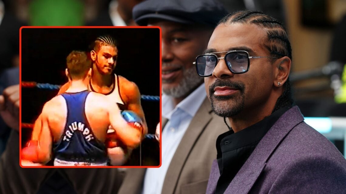 Former heavyweight boxers David Haye (R) and Lennox Lewis look on during the weigh-in ahead of the heavyweight boxing match between Tyson Fury and ...