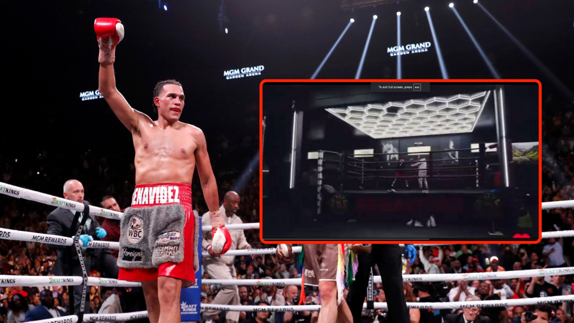 David Benavidez (L) walks away from Caleb Plant after a 12-round WBC super middleweight fight at MGM Grand Garden Arena on March 25, 2023 in Las Ve...