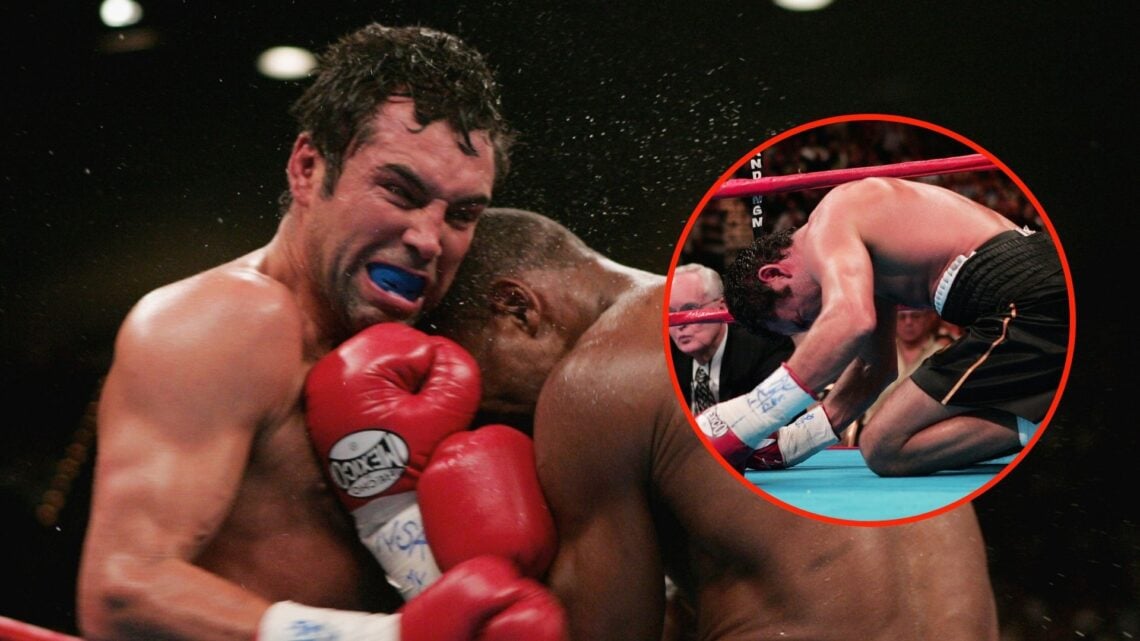 Oscar De La Hoya and Bernard Hopkins get tied up during their match for the world middleweight title at the MGM Grand Garden Arena. Inset, Oscar De...