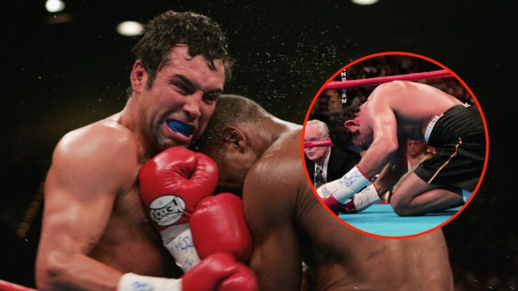 Oscar De La Hoya and Bernard Hopkins get tied up during their match for the world middleweight title at the MGM Grand Garden Arena. Inset, Oscar De...