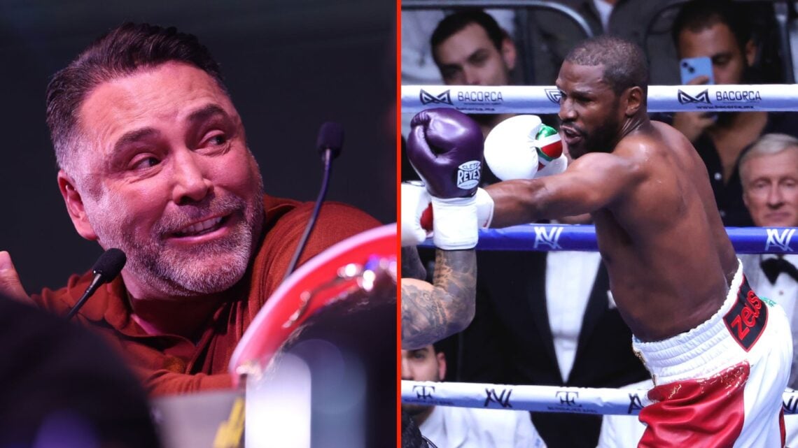 Split image of Oscar De La Hoya during the Launch Press Conference for the Riyadh Season Boxing event next month, and John Gotti III receives a Flo...