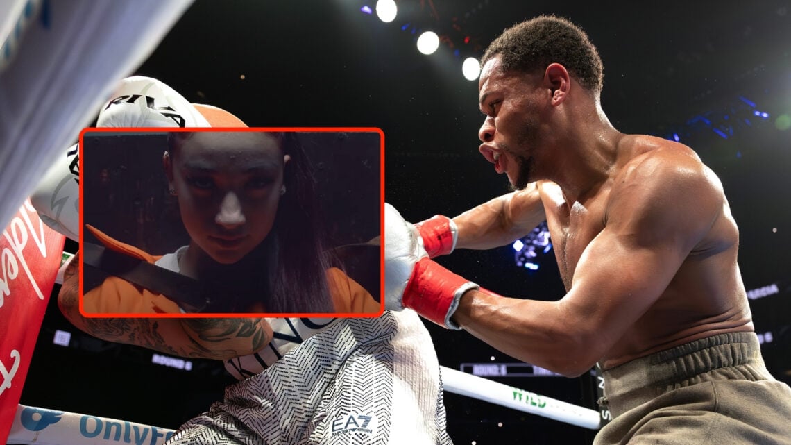 Devin Haney (gray trunks) punches Ryan Garcia (white trunks) during their WBC Super Lightweight title and an inset of a screenshot from the Daniell...