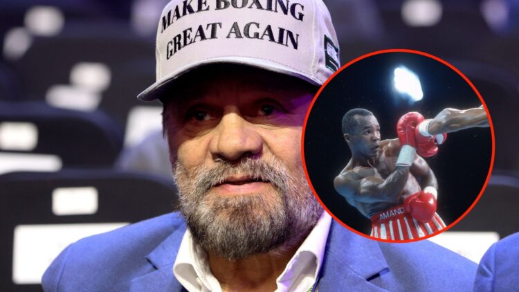 Image of Roberto Duran with an inset of Sugar Ray Leonard fighting