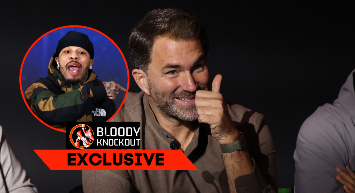 Eddie Hearn with his thumb up, alongside a bubble showing Gervonta Davis looking angry and overlay text that reads BLOODY KNOCKOUT EXCLUSIVE