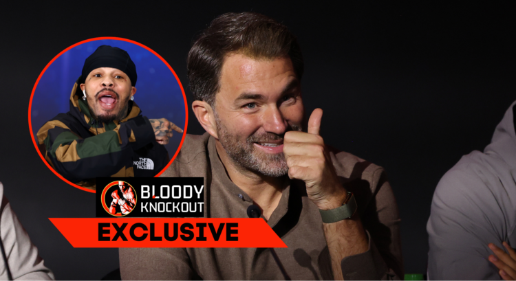 Eddie Hearn with his thumb up, alongside a bubble showing Gervonta Davis looking angry and overlay text that reads BLOODY KNOCKOUT EXCLUSIVE