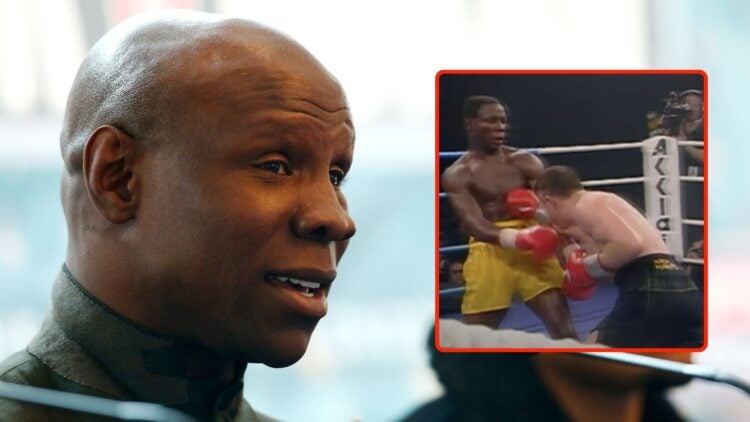 Chris Eubank speaks during a press conference at the Hilton Park Lane Hotel on May 19, 2016 in London, England. Inset, a screenshot from Eubank VS ...