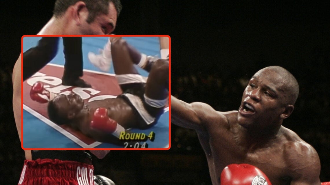 Floyd Mayweather Jr. (R) and Oscar De la Hoya exchange blows in their WBC Super Welterweight world championship boxing match 05 May 2007 in Las Veg...