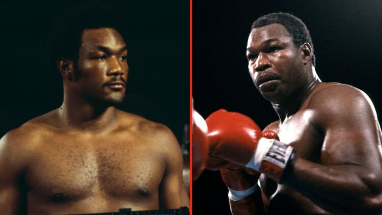 Split image of Heavyweight champion George Foreman pictured during weigh-in ahead of his fight against challenger Muhammad Ali, and Larry Holmes (r...