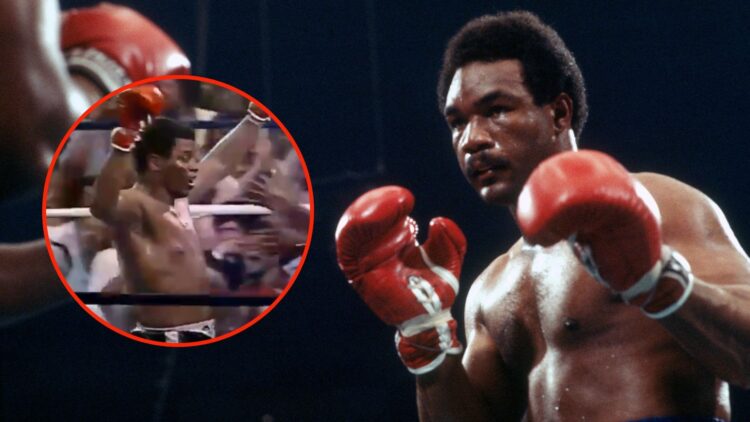 George Foreman and Jimmy Young fight during a heavyweight match on March 17, 1977 at the Roberto Clemente Coliseum. Inset, screenshot from the fight.