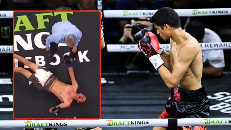 Tim Tszyu (in gold & black short) and Sebastian Fundora (in red & black short) exchange punches during their super welterweight world titles of the...