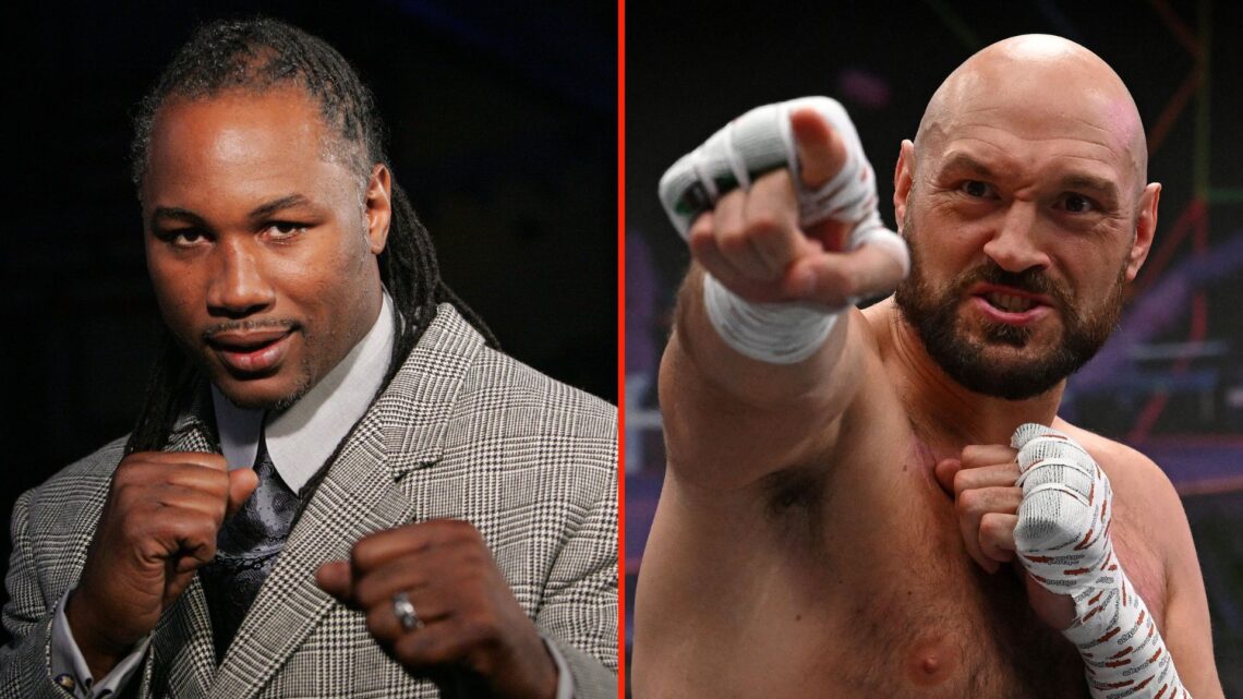 Split image of Tyson Fury taking part in an open work-out session, and Lennox Lewis posing on the HBO Sports Set.