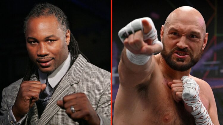 Split image of Tyson Fury taking part in an open work-out session, and Lennox Lewis posing on the HBO Sports Set.