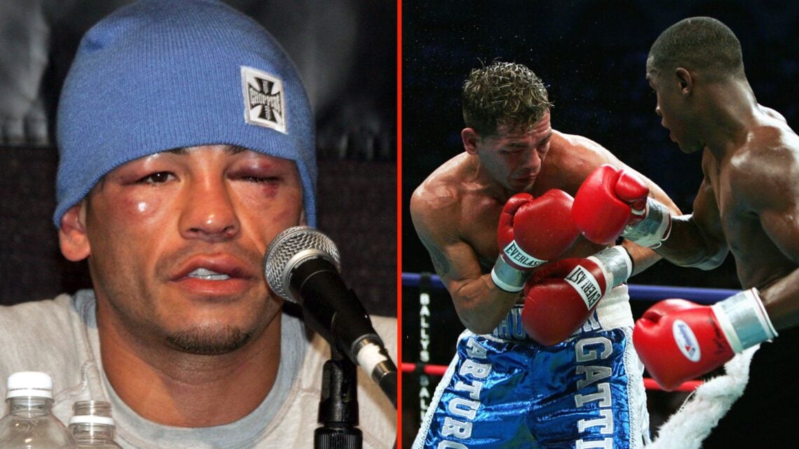 Split image of Arturo "Thunder" Gatti at the post fight press conference, and Arturo Gatti bobs as Floyd Mayweather Jr. throws a punch
